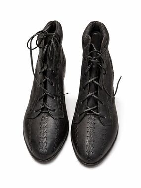 Black Lace-Up Ankle Booties with Braided Stitch Detail